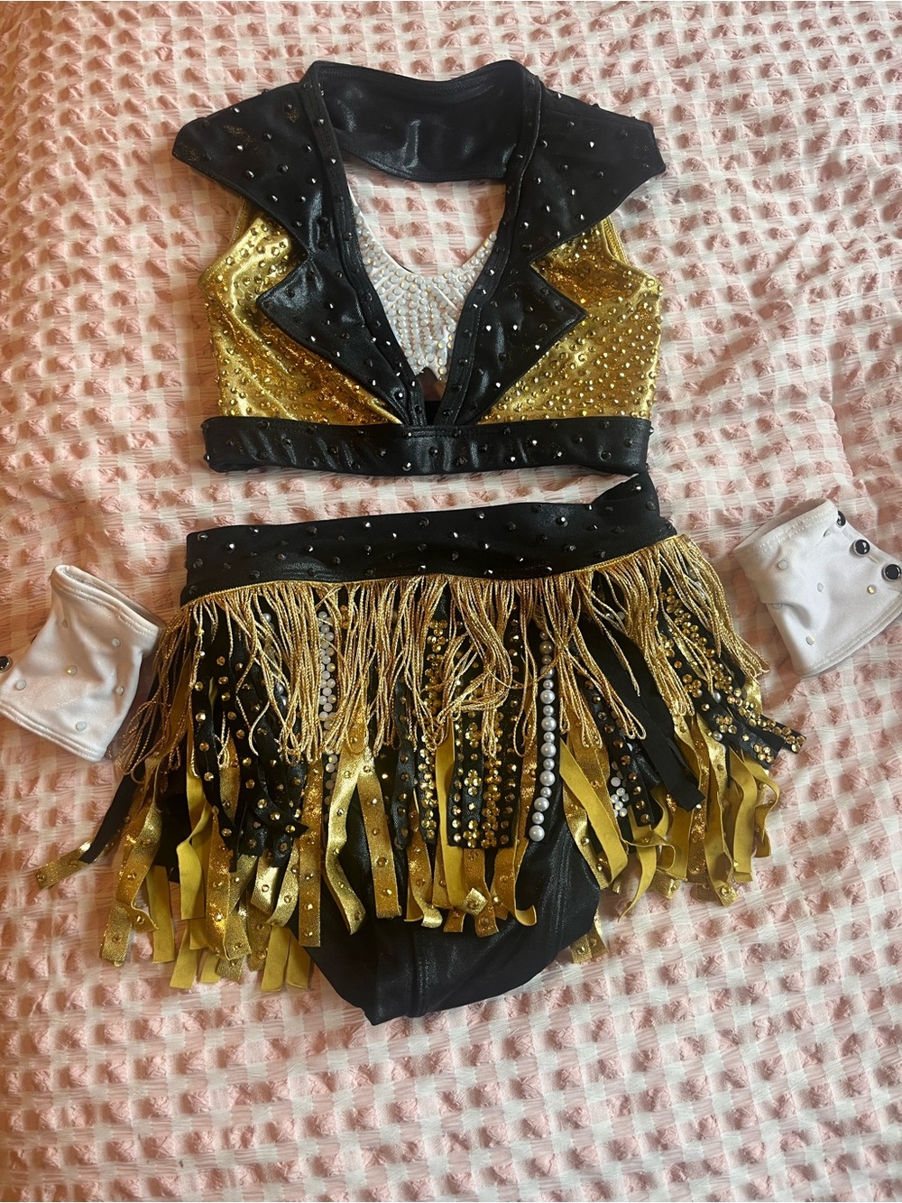 Gold & Black Fringe Kids Dance Costume Crop Top and Skirt